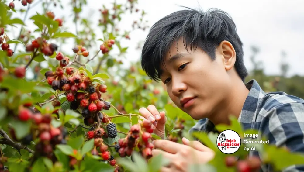 Seorang pendaki mengamati buah yang bisa dimakan