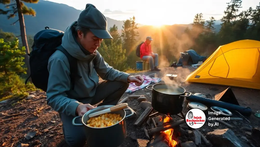 Seorang pendaki sedang memasak