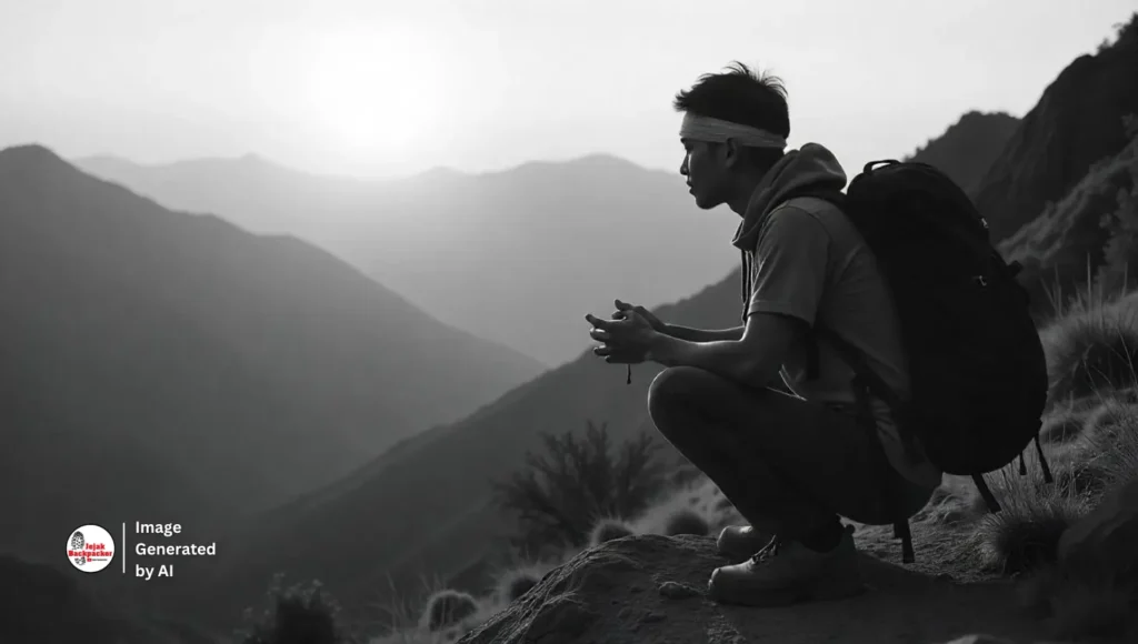 Seorang pendaki sedang mencoba Tayamum di gunung