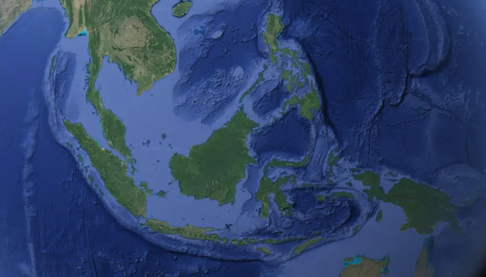 Citra satelit letak Indonesia berada pada zona subduksi 3 lempeng dunia (Google Earth)