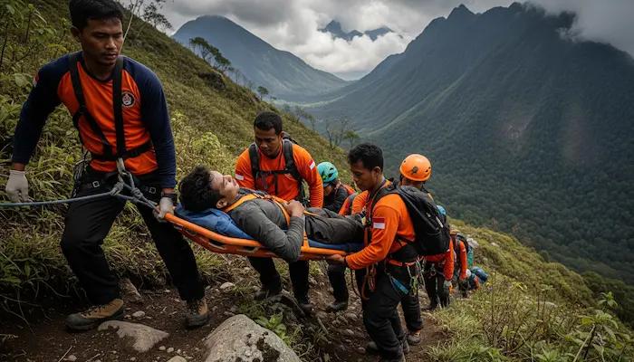 Ilustrasi penyelamatan darurat pendaki di Gunung (image generated by AI)