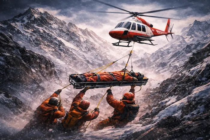 Gambar ilustrasi pendaki yang di evakuasi helikopter