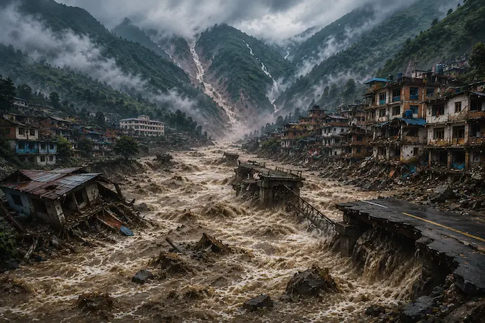 Ilustrasi Banjir Bandang di Nepal, Bencana Besar di Himalaya Dalam Beberapa Tahun Terakhir (Gambar digenerate oleh AI)