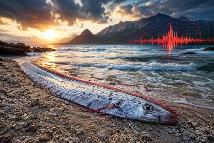 Ilustrasi Oarfish terdampar di pesisir pantai (Gambar dibuat menggunakan AI)