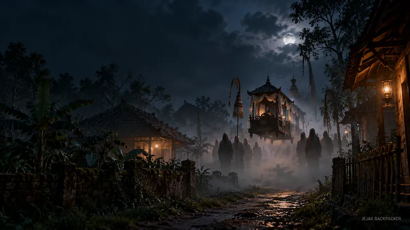 Ilustrasi arak-arakan hantu lampor beserta keranda terbangnya (Gambar digenerate menggunakan AI)